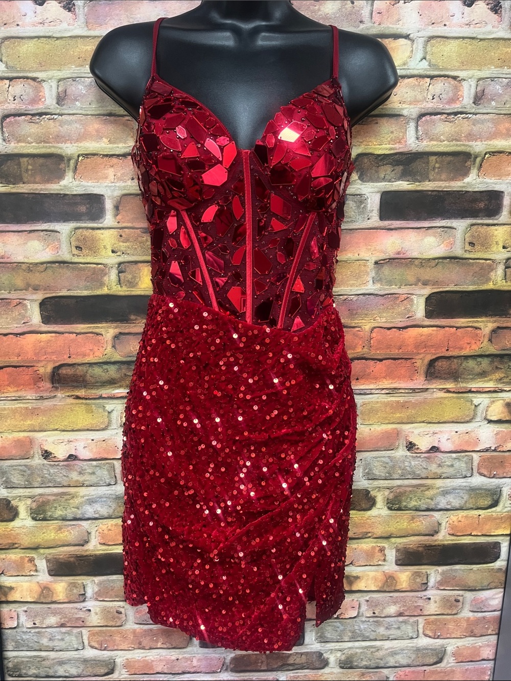 Mirrored Sequin Red Mini Dress with Structured Bodice